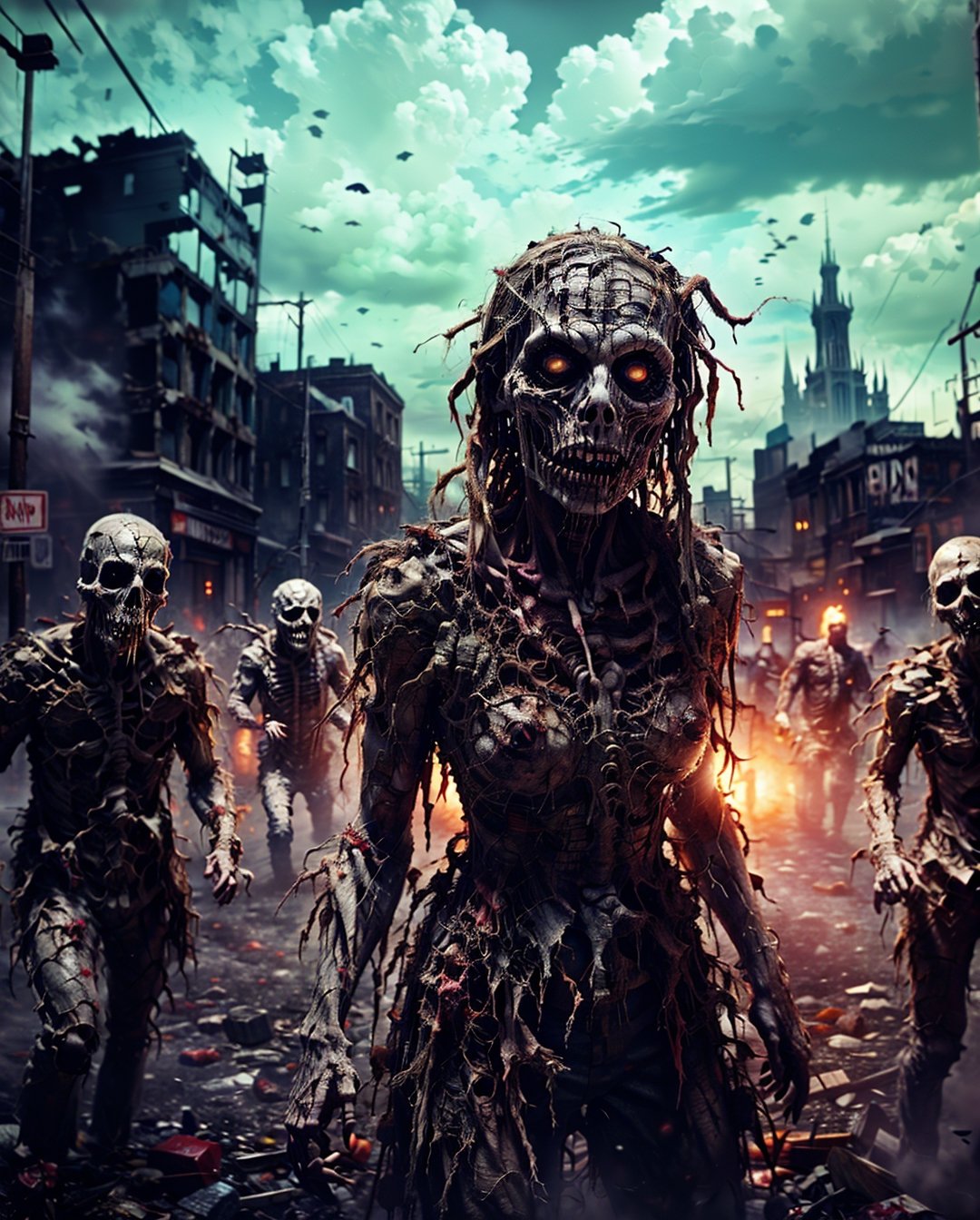 a scene in a city full of zombies: "It generates a creepy visual representation of some terrifying zombies running in an apocalyptic graveyard. These terrifying figures have deep and terrifying white eyes that reflect the infinite expanse of darkness. Their dirty tousled hair with a touch of blood, framing their grotesque and decomposed figures. They are adorned in torn, modern clothing that accentuates their decomposed flesh and bones and complements their horror. The design of the clothing radiates terror and hunger for human flesh. The city around them is filled of a terrifying crowd of zombies, dead and dismembered people. The atmosphere is filled with horror sounds, eerie screams and the eerie darkness of a day of death in the city. Capture the essence of terror bathed by the cloudy sky and eerie horror of a terrifying zombie against the backdrop of a horrifying and eerie apocalyptic city scene." Super detailed, super realistic photographic cinematic image, 8k HDR super high quality image, masterpiece, , , , drow