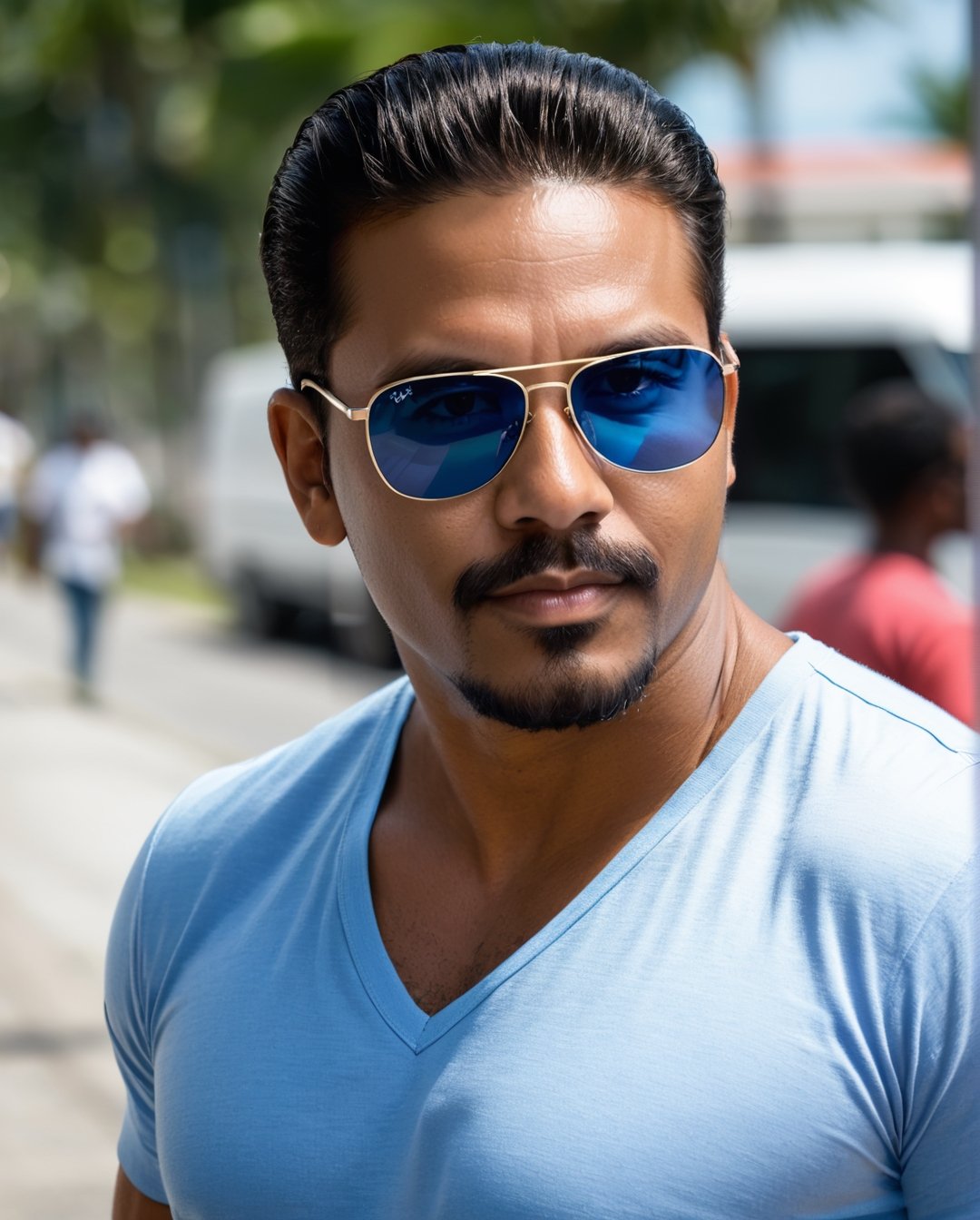 handsome panamanian man with blue shirt with white t-shirt, with sunglasses, black hear, small van dyke beard on face 