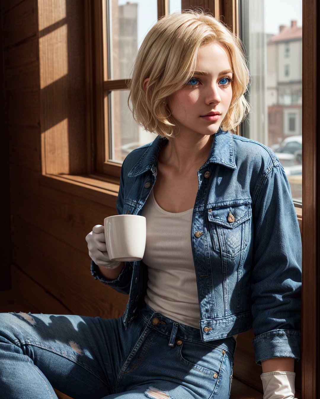 <(photorealistic:1.4), (extremely intricate:1.2)>, <(exquisitely detailed skin), cinematic light, ultra high res, 8k uhd, intricate details, Movie Light, Oil Painting Texture, film grain, dreamlike, perfect anatomy, best shadow, delicate, RAW>, (((1 girl, cute, denim jacket, white top, jeans, Gloves, blond, short hair, bob hair, side parted hair, blue eyes))), (((blond hair))), dynamic poses, manga style, solo, sitting, a young and beautiful woman holding a cup of coffee with both hands, looking out the window with a soft smile, with a curious cat outside on the windowsill, surrounded by warm and cozy interior decor.