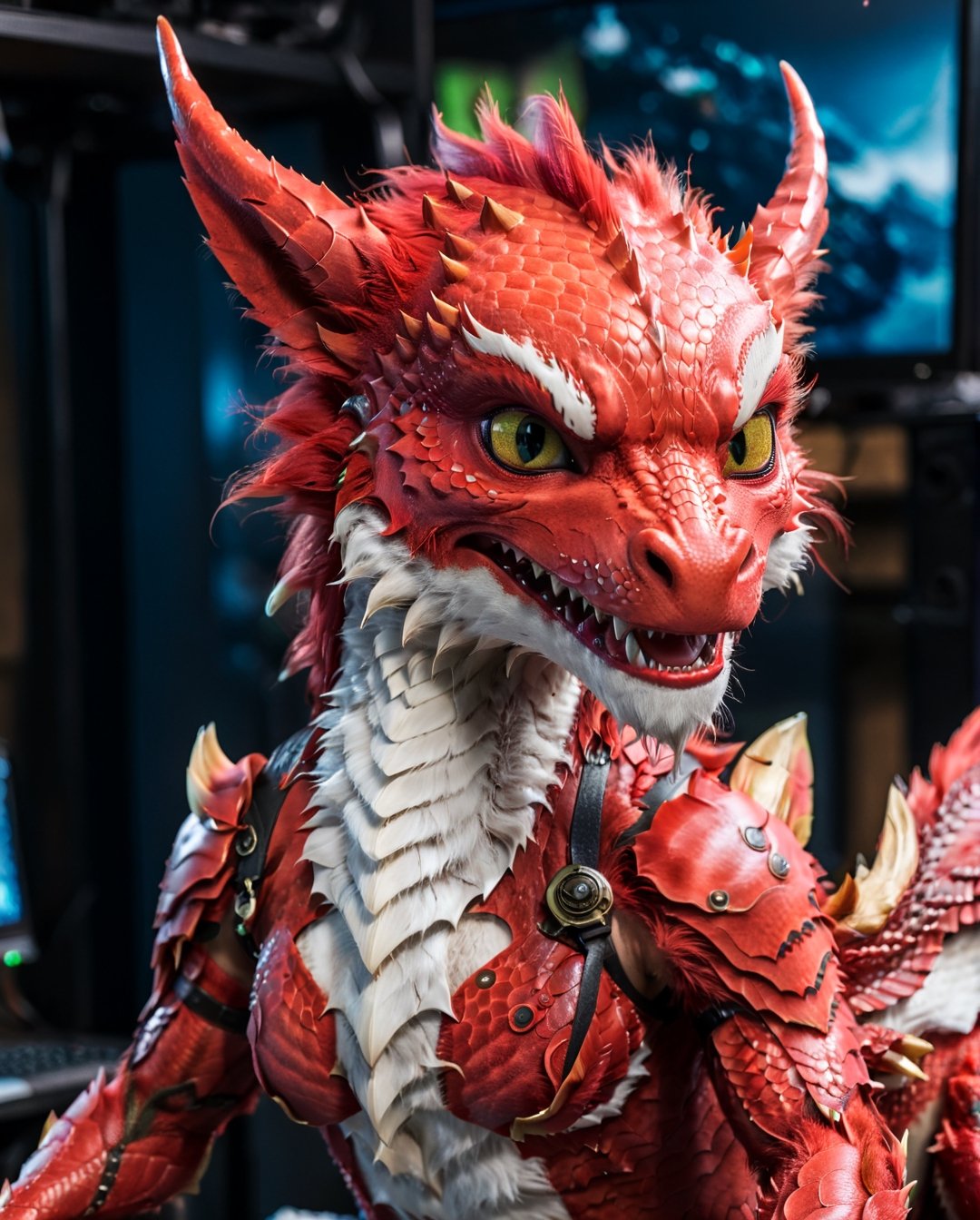 artwork (Highest Quality, 4k, masterpiece, Amazing Details:1.1), ((red dragon)) realistic fur, detailed fur texture, holding an MSI Nvidia RTX 3000 video card. deep eyes, Shallow depth of field, E671, 50 mm f/2.0 lens, thin eyebrows, ((photorealistic) (RAW Photo)), smile sitting, claws, key visual , vibrant, studio anime, highly detailed,realistic