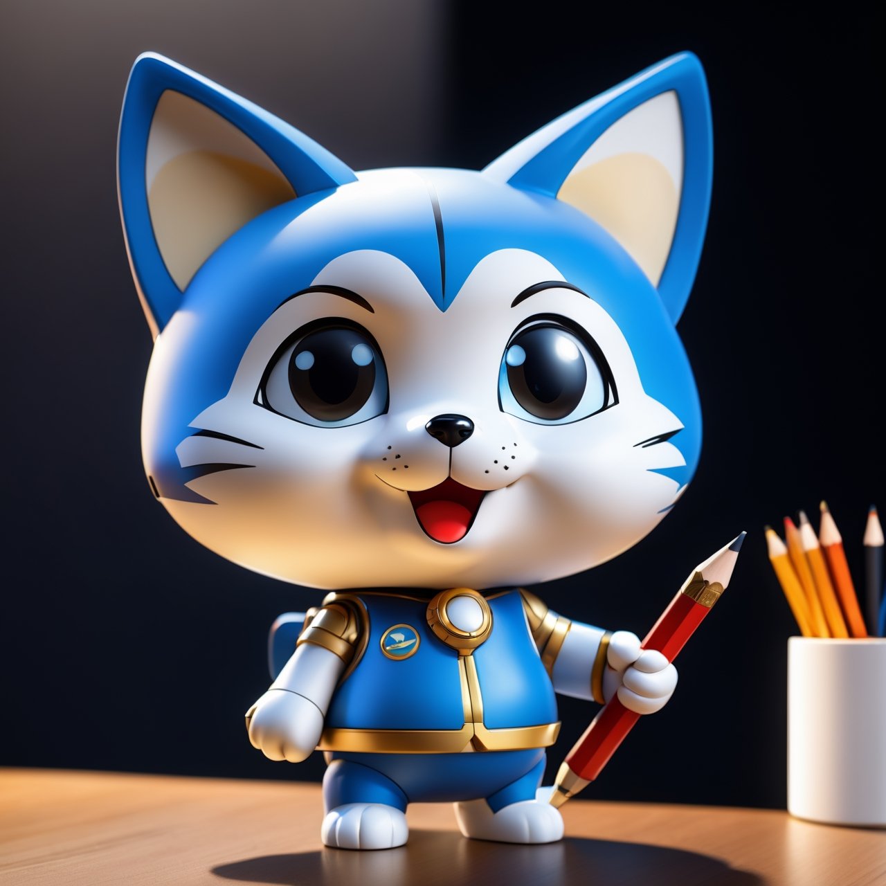 (masterpiece:1.2, highest quality), (realistic, photo_realistic:1.9)
1chibi_robot, Cute chibi robot, Designer look holding a pencil in one hand, white with blue, (detailed background), (gradients), colorful, detailed landscape, visual key, shiny skin. Modern place, Action camera. Portrait film. Standard lens. Golden hour lighting.
sharp focus, 8k, UHD, high quality, frowning, intricate detailed, highly detailed, hyper-realistic,interior,fox onion doraemon Chibi,chibi emote style