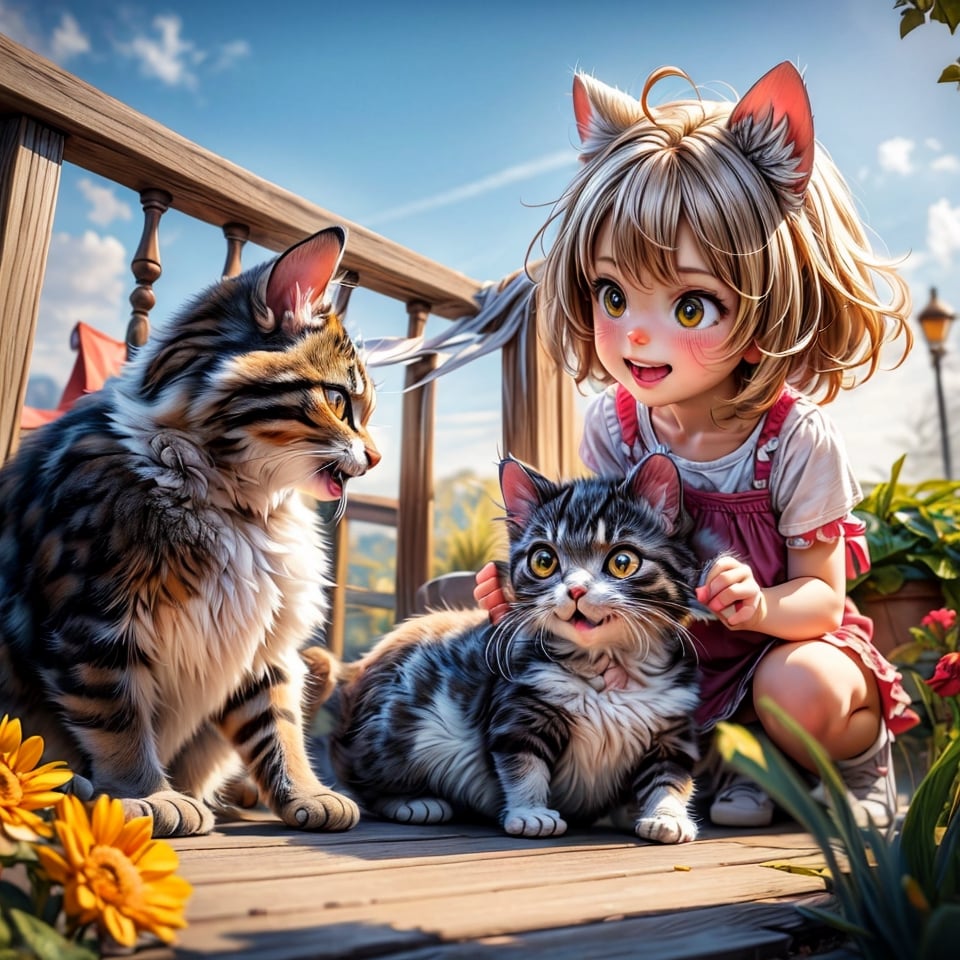 Create images of childrens playfully playing with cheerful cats in different environments, capturing their cuteness and happiness. Show the diversity of cat species, in gardens, homes to beautiful natural and family environments, highlight the love that these children feel for their cats. (childrens playfully playing with cheerful cats), cats, Children boys, children girls, (((no cat ears)))
Super realistic 8k HDR photographic cinematic image, super detailed, super high quality image, masterpiece, Standard lens. Golden hour lighting. 8k, UHD, intricate detailed, highly detailed, hyper-realistic,round animal