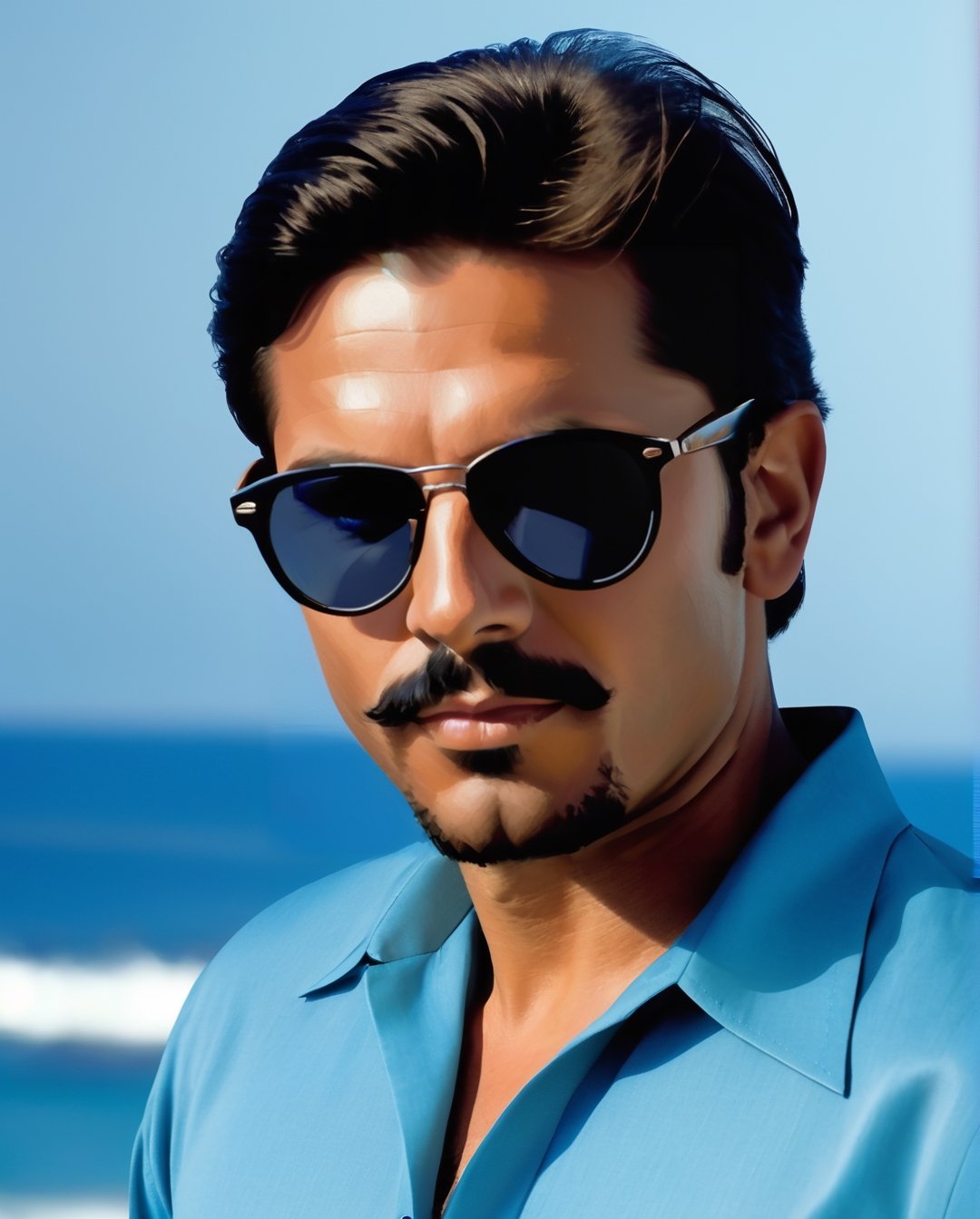 handsome white panamanian man with blue shirt, with sunglasses, black hear, very small van dyke beard on face 