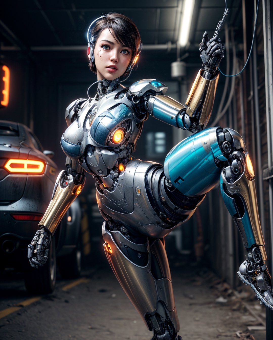 <(photorealistic:1.4), (extremely intricate:1.2)>, <(exquisitely detailed skin), cinematic light, ultra high res, 8k uhd, intricate details, Movie Light, film grain, dreamlike, best shadow, delicate, RAW>, 1girl, solo, Japanese girl, (((cyborg:1.4))), cyborg girl, cyborg armor, cyborg clothing, beautiful detailed eyes, finely detail, bright pupils, turquoise eyes, full body, large breasts:0.8, (((floating hair))), looking at viewer, pov, female focus, puffy eyes, long hair, gorgeous hair, air bangs, dynamic pose, dynamic angle, close-up, thighs open, showing panties, boobs exposed, fighting stance, fighting pose, run forward, running,(((golden metallic color | red metallic color | blue metallic color))),(((Metallic luster, metal reflective, mechanical details, extremely mechanical details, complex mechanical structure))), (((Mirrored Power Armor, fallout 4, fallout))), defeated, corpse, bleed, battlefield, mechanized background, giant robot in the background, outdoors, cinematic lighting, Cyberpunk world. Cyberpunk metropolis, neon, Sci-fi style, sfw:1.98,