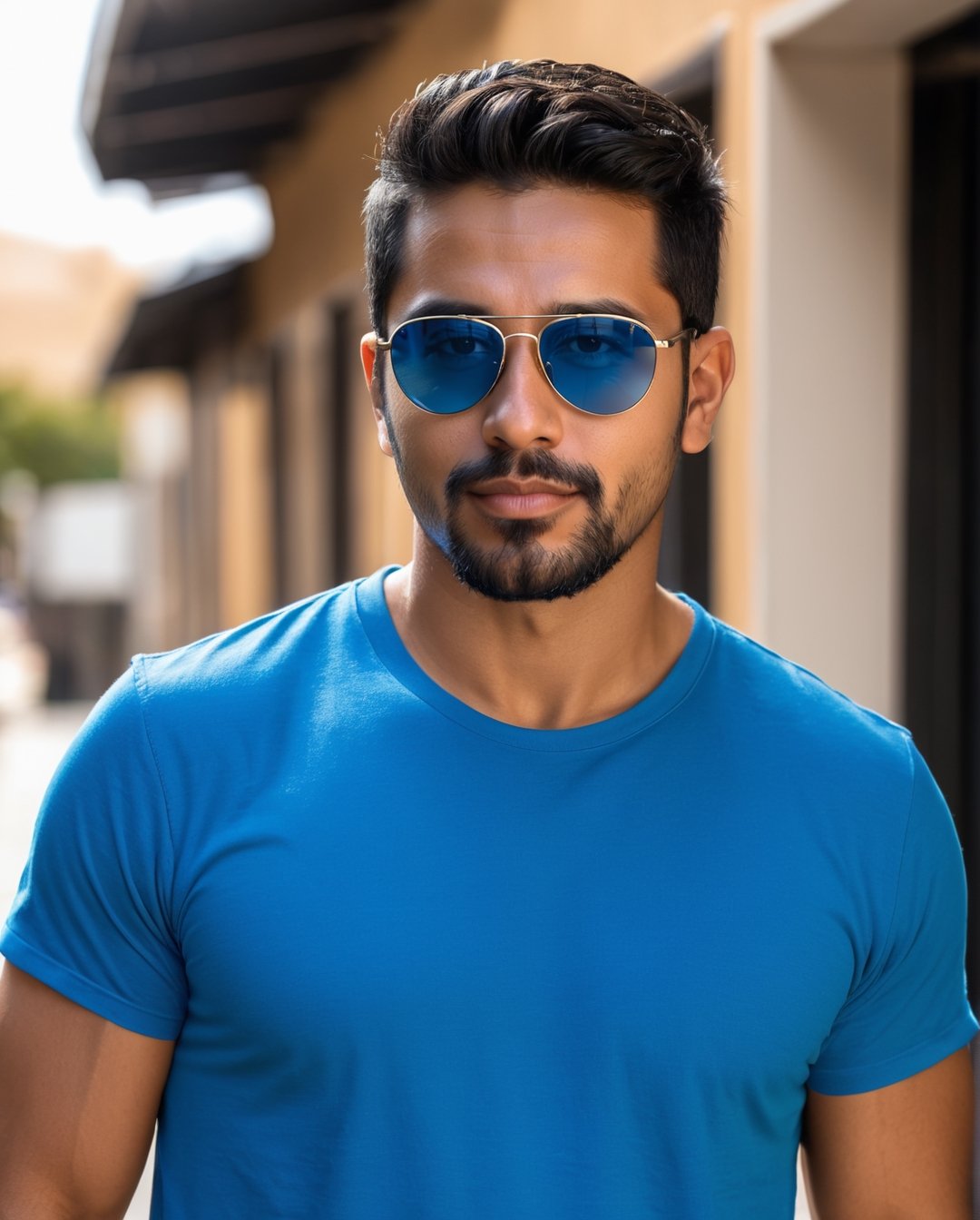 handsome hispanic man with blue t-shirt, with sunglasses, black hear, small short unkempt beard on face 