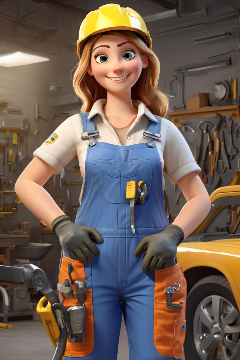 3D style,(masterpiece, best_quality, ultra-detailed:1.3), epic,3d render, 1girl, female, mechanic, overalls, oil smudge on face, spanner in hand, holding spanner, garage, car, work gloves, smiling, wide smile