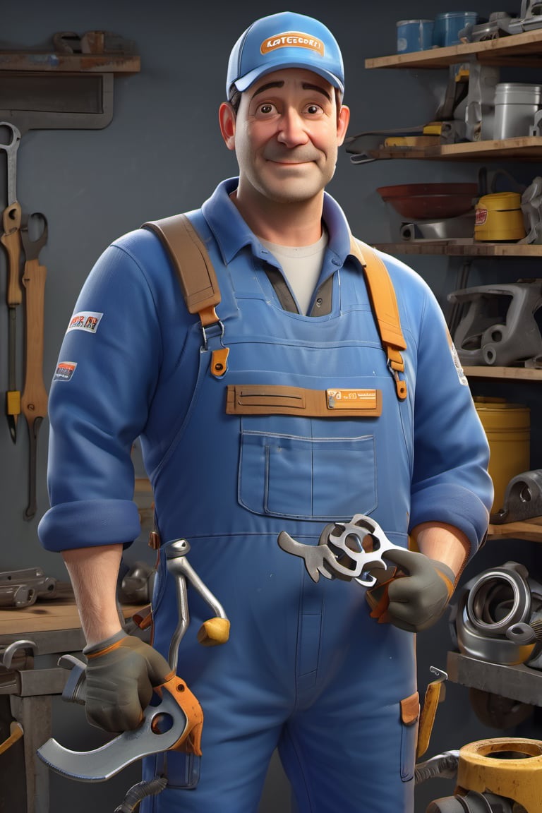 3D style,(masterpiece, best_quality, ultra-detailed:1.3), epic,3d render, mechanic, overalls, oil smudge on face, spanner in hand, holding spanner, garage, car