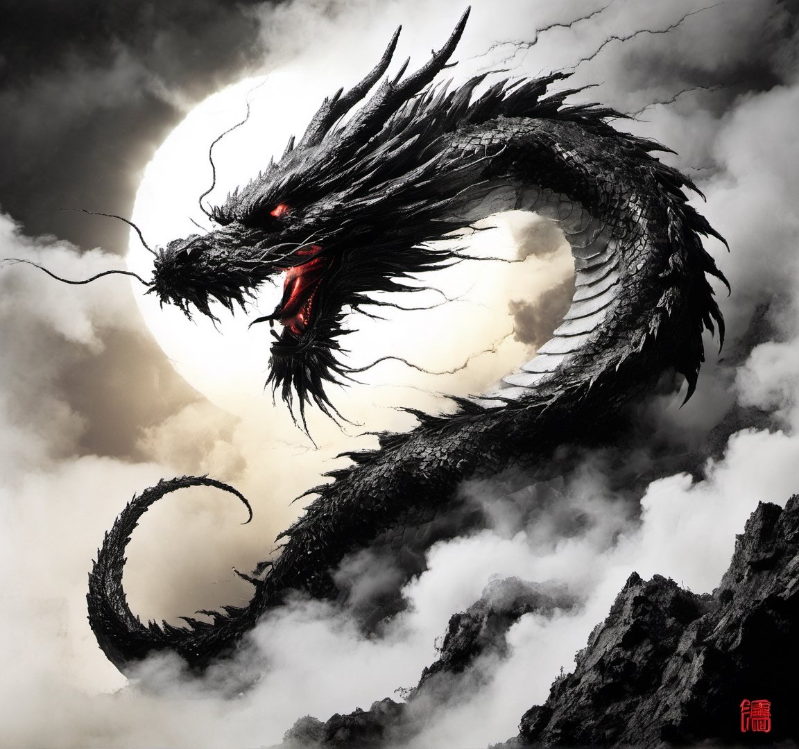 Chinese dragon , laser eye, gamma ray eye, laser eye,,cloud,Special effects, thunder and lightning, particles,,