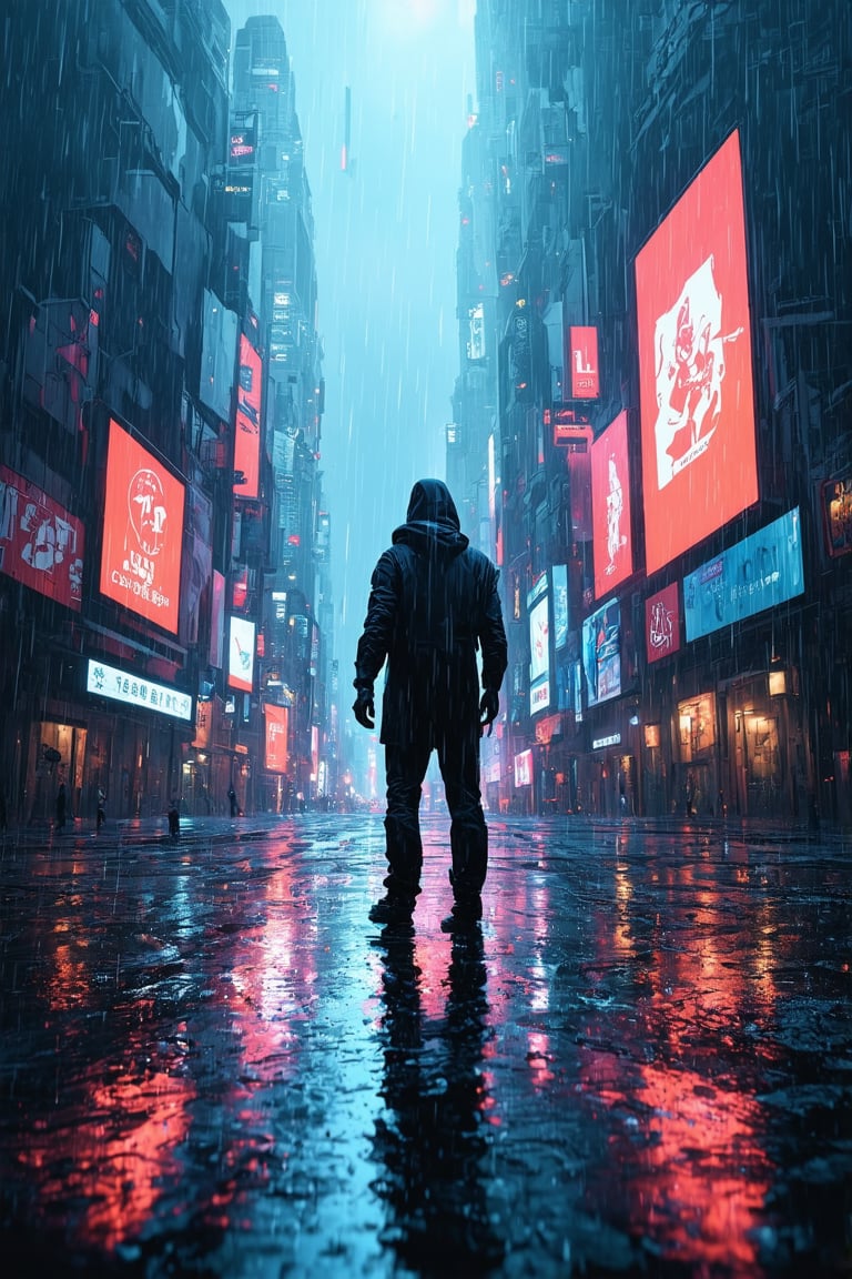 A gritty cyberpunk metropolis sprawls across the frame, neon lights reflecting off wet asphalt as rain-soaked streets glisten like a dystopian canvas. Towering skyscrapers loom in the background, their sharp angles and LED billboards a testament to human innovation and desperation. In the foreground, a lone figure - a hacker or rebel - stands defiantly amidst the chaos, backlit by a flickering holographic ad.