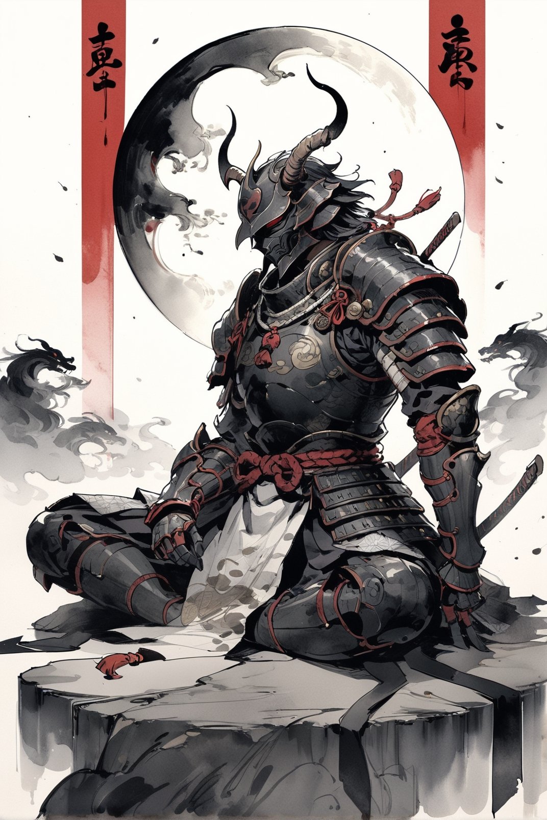 warrior, weapon, armor,  japanese armor, helmet,  samurai, shoulder armor, moon, sheath, horns, gauntlets, sheathed, mask, standing, kusazuri, kabuto \(helmet\), pauldrons, full moon, full armor, fake horns, (sitting, indian style:1.2), masterpiece, best quality, aesthetic, chinese ink painting, 