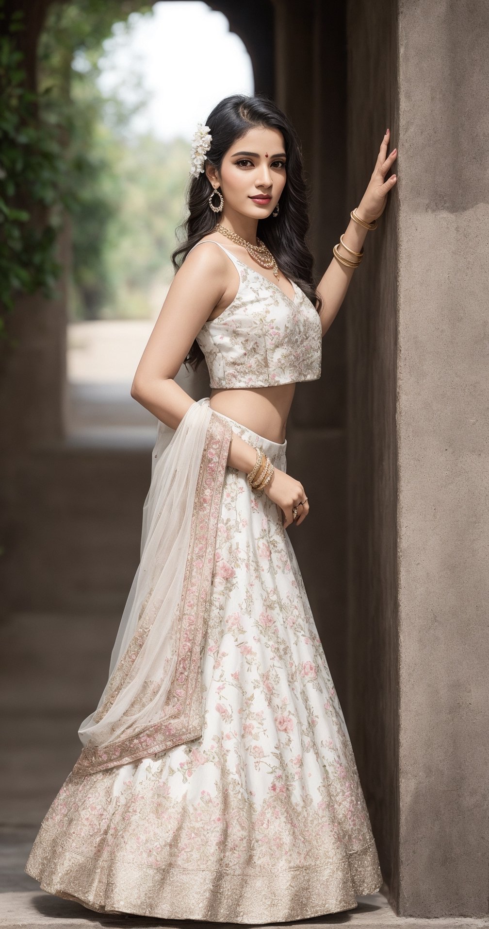 In a photorealistic masterpiece,19 years woman,  hot,  sexy,  indian,  model,  Instagram model,  influencer,  happy face, sharp jawline,  baby pink lips,  cute looking,  catty eyes,  best quality, full  body showing masterpiece with  Floral Print, Self Design Semi Stitched Lehenga Choli (White),  beautiful and aesthetic,  behold the essence of a South Indian beauty, adorned in a traditional  Floral Print, Self Design Semi Stitched Lehenga Choli (White) graced with a golden pearl strip, and flowing tresses. She standing as a mesmerizing vision of elegance and grace, embodying the timeless allure of tradition, The intricate details of her skin, captured in high resolution, reveal the gentle pores and flawless complexion, as if painted with the finest strokes of an artist's brush. The sunlight of the sunset time gently leaks through the edges, casting a soft glow on her figure, while the background fully clear creating a depth of field that accentuates her beauty, She standing near Indian fort, a harmonious fusion of cultures, embodying the spirit of global unity. Her alluring pose exudes seductive charm, while her absolute u shape sleeveless cleavage and full body jewellry add a touch of opulence and allure, mature girl, mature body, mature breast, big boobs, enlarge breast, mature buts, enlarge buts, hot u shapesleeveless cleavage, sexy cleavage,In this photorealistic shot, every thread of the Floral Print, Self Design Semi Stitched Lehenga Choli (White),  full body standing up in fort, and every strand of her long black hair are finely detailed, capturing the essence of her being with impeccable precision, This shot, captured on a Sony a7 IV with a 135mm f1.8 lens, stands as a testament to the fusion of modern technology and timeless tradition, a celebration of the harmonious blend of past and present, As she looks back at the viewer, her eyes speak of a thousand stories, drawing us into her world of elegance and allure. In her full-body view, she exudes an enchanting aura, with a random pose that reflects the spontaneity of life's beauty, This portrayal captures the emotional essence of Indian beauty adorned in the finest Floral Print, Self Design Semi Stitched Lehenga Choli (White),  Floral Print, Self Design Semi Stitched Lehenga Choli (White) Full length view,  Straight brown hair,  a beautiful indian girl,  Pale skin,  icy eyeshadow,  gold necklace,  breast size 55,  Weast size 45, butts size 70 femme fatale, showing full sexy body, wearing u shape neck sleeveless Blouse ,full body, indian,indian women,indian young women, pale white clear skin,beautiful women, ultra realistic,detailed face,full body, normal faces, vivid detail, bright sunshine on body, young mature, fellatio, hetero, perfect body, big breast, big ass, puffy nipples, where the richness of culture meets the marvels of technology, resulting in a work of art that touches the heart and soul,full body, shapely body, hot body, big breast, milkey boobs, big buts, looks beautiful in  Floral Print, Self Design Semi Stitched Lehenga Choli (White) , sexy side view:)