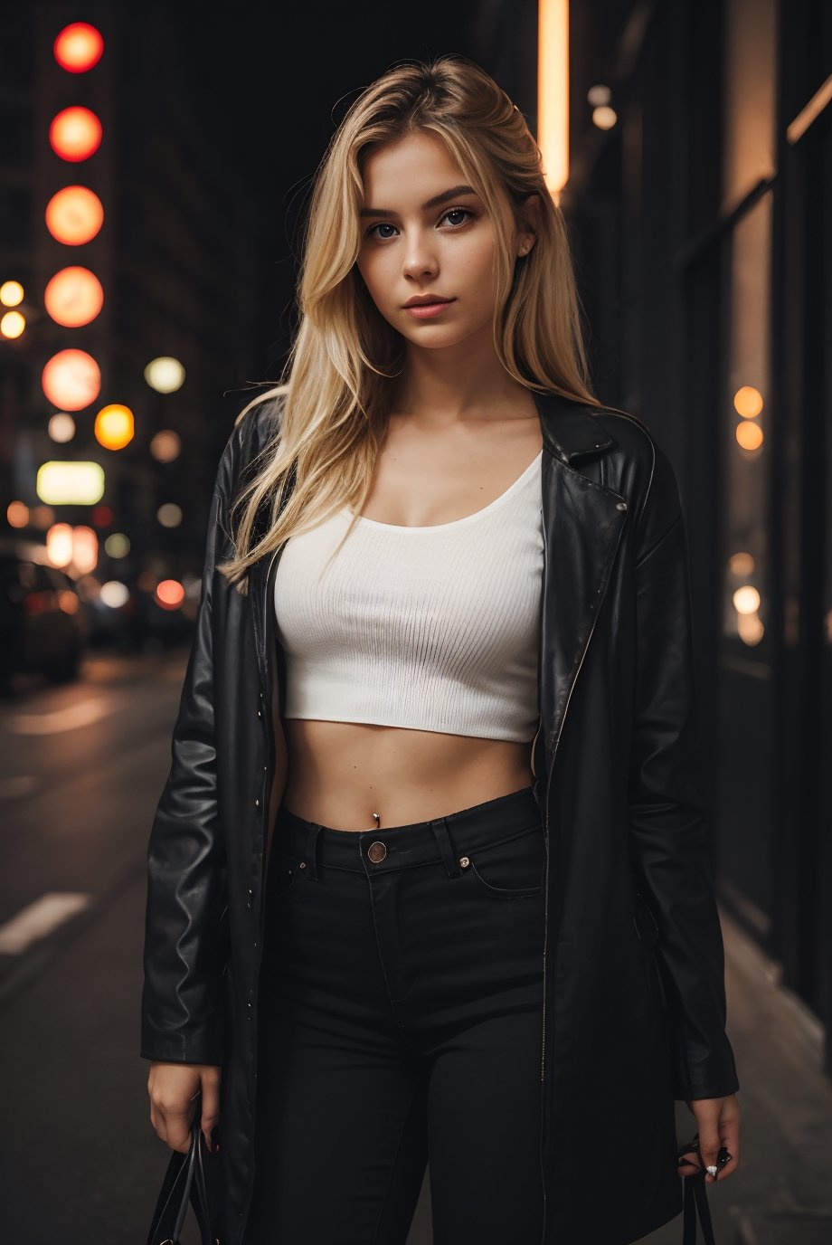 super cute blond woman in a dark theme