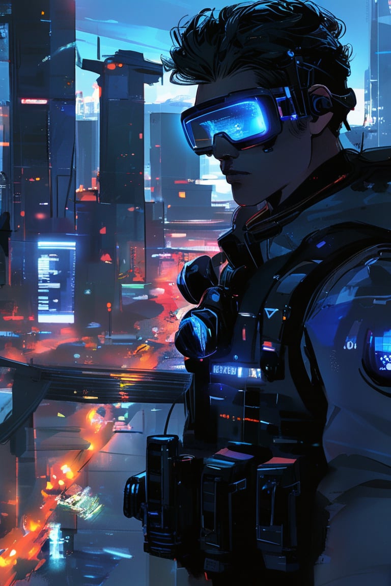 A high-tech police investigator at a crime scene in a futuristic city. They use advanced forensic tools and augmented reality glasses to gather evidence and reconstruct events. The investigator's cybernetic eye scans for hidden clues. 
Comic,manga,dark theme,concept art,Expressiveh