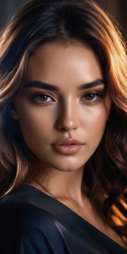 Generate hyper realistic image of a beauty portrait where shadows play a crucial role in sculpting the woman's features. Experiment with dramatic lighting to create intriguing shadows that highlight the contours of her face.