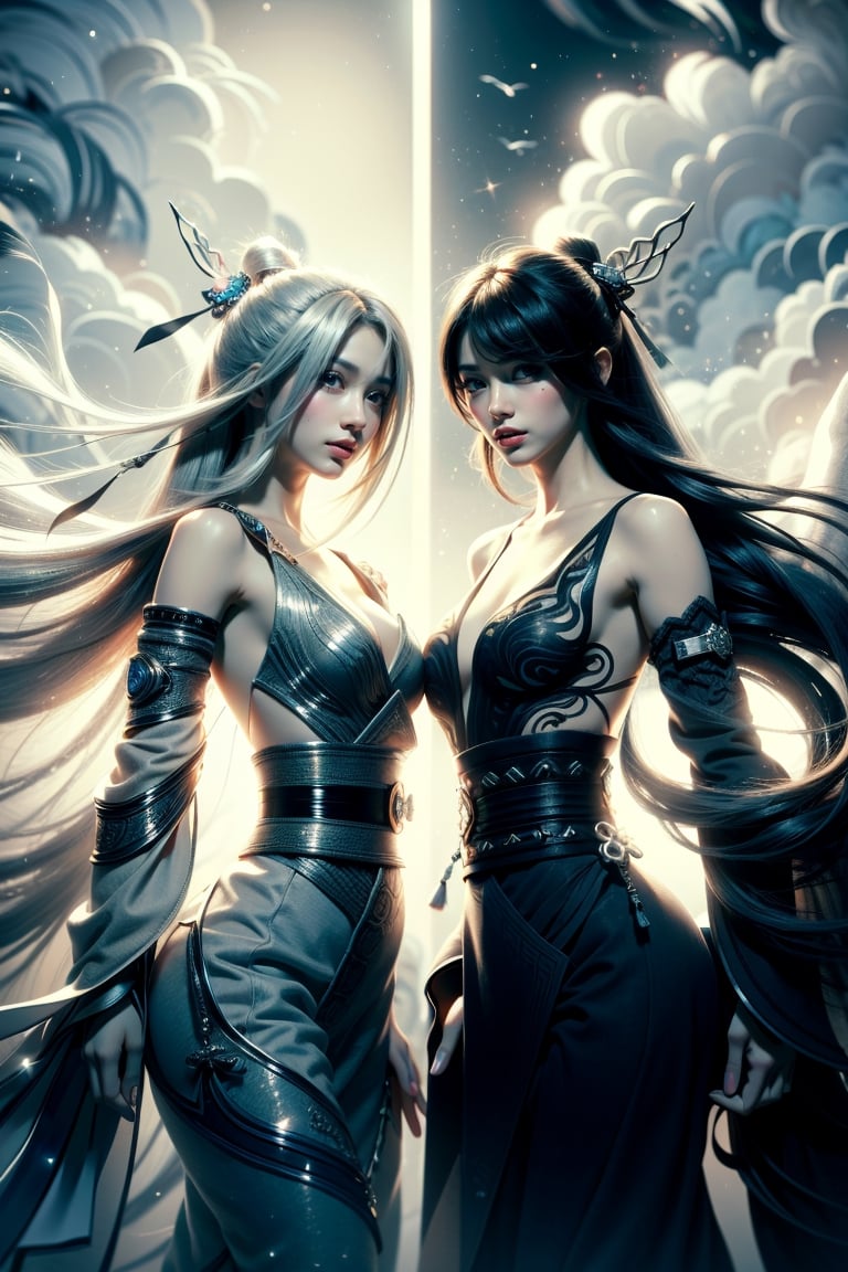 (Highest Quality, Masterpiece, Realistic, High Resolution, 8K Raw Photo, Ultra Detailed, Beautiful and Aesthetic), Realism, Soft Lighting, Looking at the Viewer, Medium Breasts, Slim Body, ((2 Girls)), ((final fantasy)), ((genshin, thunder general, raidenshogundef, eightfold miko, yaemikodef, long hair, black hair, silver hair))), side by side, wabstyle, glow, ((two-color body, two-color hair)), Mystery, magic, backlighting, stormy sky, meditation, anger, time reversal, luminous bodies, life and death