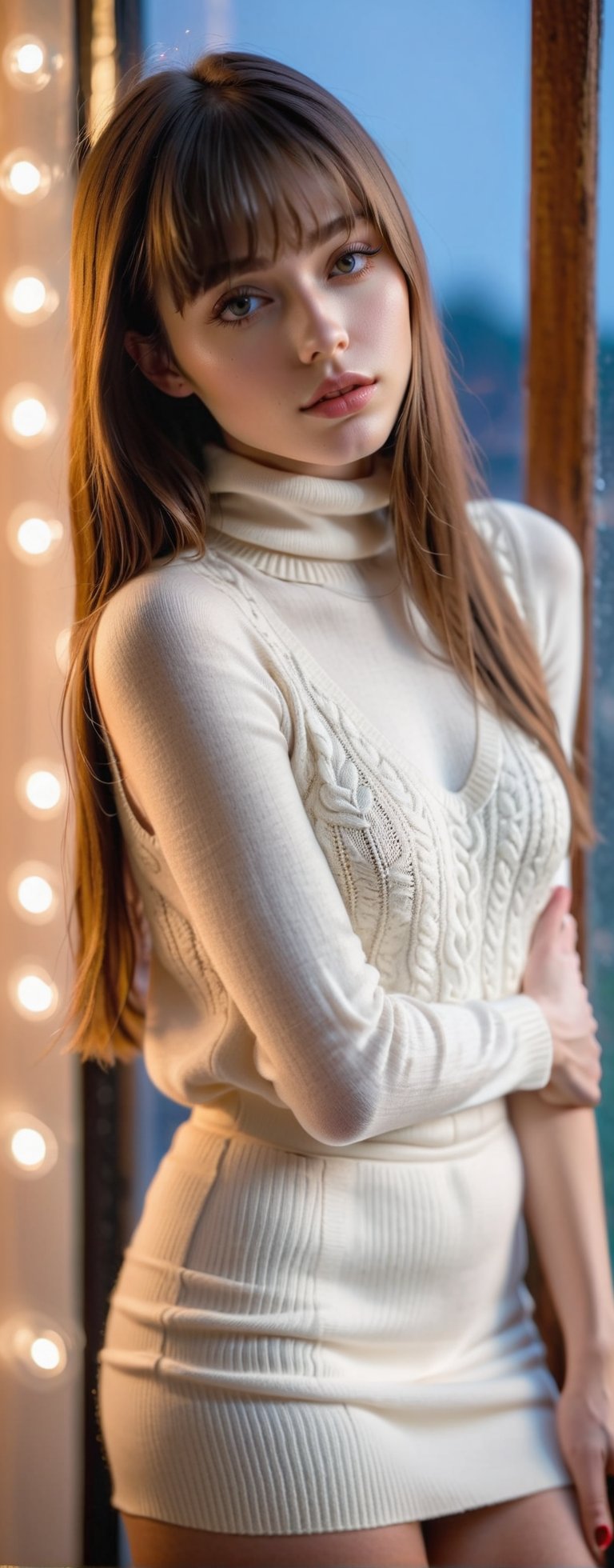 Reflected light, movie lighting, (eroticism: 1.3), 1 person, female, 20 years old, mysterious beautiful girl, delicate features, light brown hair, straight long hair, hanging hairstyle, (parting, bangs: 1.45), dynamic pose, (white turtleneck sleeveless knit sweater, bodycon cargo miniskirt), long boots, full moon night, bedroom, soft focus, excessive overexposure,
Airy Photo, Artstation Trend, (Full Body Portrait, Full Body Esbian),