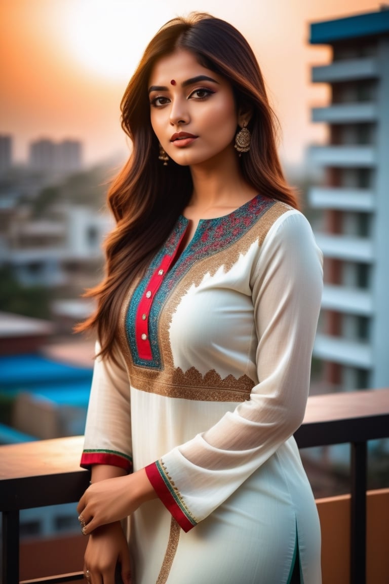 22 year woman,  hot,  sexy,  indian,  model,  Instagram model,  influencer,  model face,  sharp jawline,  perfect lips,  cute looking,  catty eyes,  best quality,  masterpiece,  beautiful and aesthetic,  16K,  (HDR:1.4),  high contrast,  bokeh:1.2,  lens flare,  (vibrant color:1.4),  ,  black eyes,  Exquisite details and textures,  cinematic shot,  Warm tone,  (Bright and intense:1.2),  wide shot, ultra realistic illustration, ,  realistic style, Full length view,  Straight brown hair with blunt bang, vibrant colour kurti, standing at rooftop view, modern apartments in background, , a beautiful indian girl,  (white skin), white skin tone,  icy eyeshadow, breast size 35,  Weast size 30, butts size 35 femme fatale,