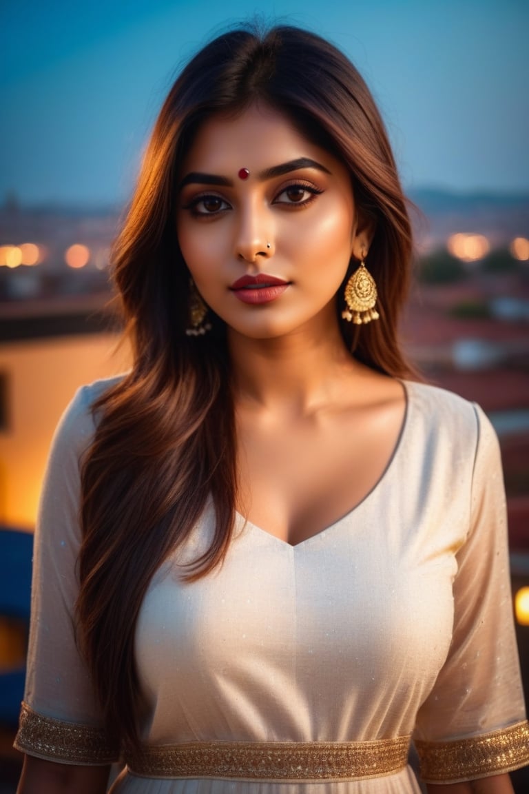 22 year woman,  hot,  sexy,  indian,  model,  Instagram model,  influencer,  model face,  sharp jawline,  perfect lips,  cute looking,  catty eyes,  best quality,  masterpiece,  beautiful and aesthetic,  16K,  (HDR:1.4),  high contrast,  bokeh:1.2,  lens flare,  (vibrant color:1.4),  ,  black eyes,  Exquisite details and textures,  cinematic shot,  Warm tone,  (Bright and intense:1.2),  wide shot, ultra realistic illustration,  siena natural ratio,  realistic style, Full length view,  Straight brown hair with blunt bang, vibrant colour kurti, standing at rooftop view, modern apartments in background, , a beautiful indian girl,  white skin tone,  icy eyeshadow, breast size 35,  Weast size 30, butts size 35 femme fatale,