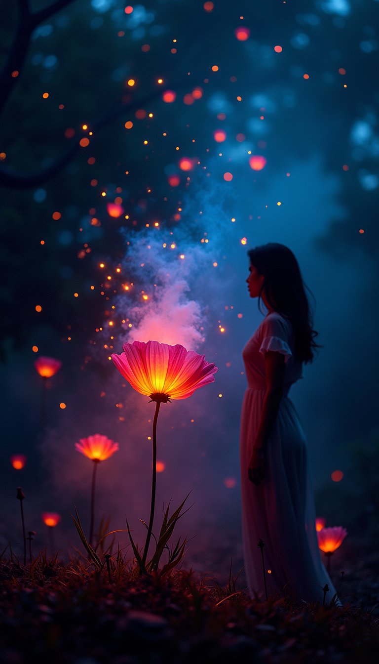 A vivid flower stands out against a dark backdrop, its hues striking in the oblique light. A woman's silhouette emerges gracefully, part of a luminescent tableau that hints at a deeper narrative. Stars twinkle above, casting a soft glow reminiscent of butterfly wings. The air is alive with the essence of trance music, color pigments suspended mid-flight, creating a spectacle of anamorphic flares. Fireflies dance amidst this chromatic symphony, their glow a testament to the rich palette of nature. All elements converge, radiating a connection that envelops the observer in a tranquil atmosphere.