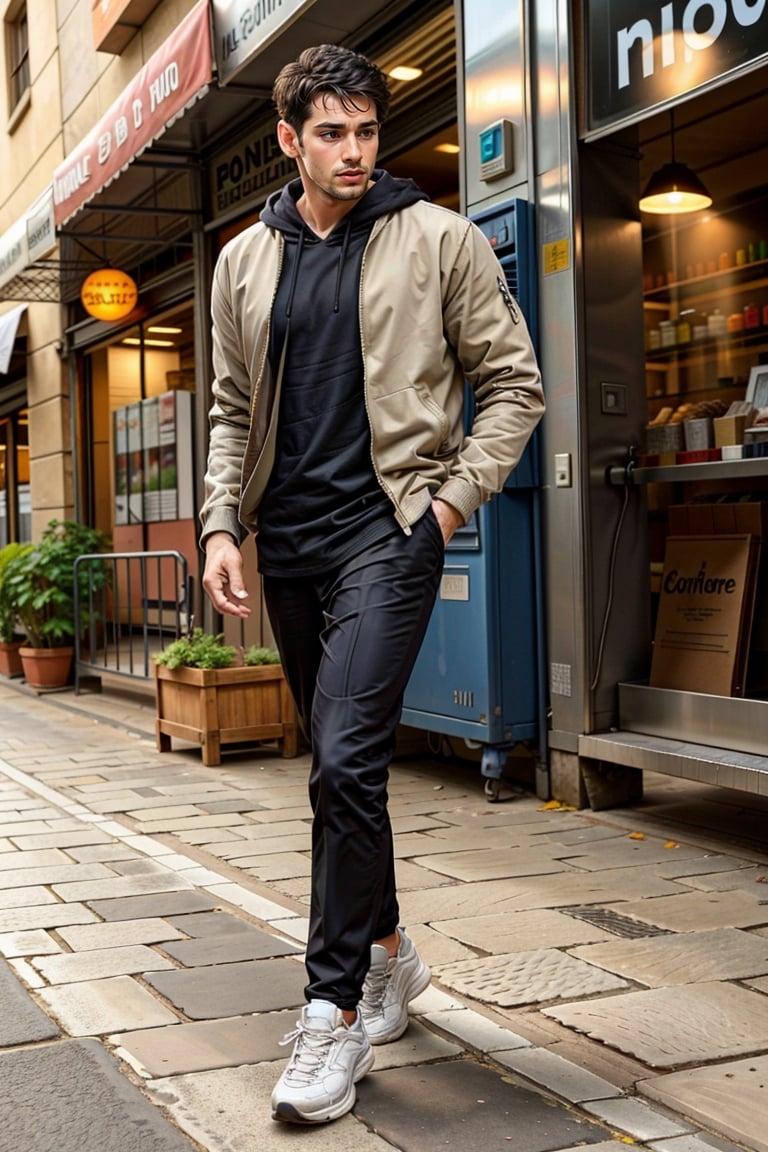 solo, short hair, black hair, 1boy, standing, jacket, full body, male focus, outdoors, shoes, day, pants, hood, hoodie, black pants, white footwear, hood down, building, sneakers, hands in pockets, white hoodie