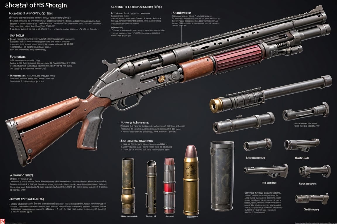 A detailed diagram of a revolving shotgun is presented, showing its various parts and mechanisms. The gun is shown in section, the barrel and other components are clearly visible. Displays of used ammunition