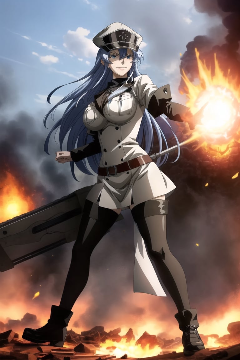 Esdeath, military officer hat, full body, smirking, women, big boobs, showing boobs, slut pose,

BREAK
Burning Town, background explosion