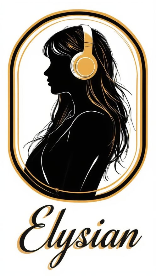 Logo badge. Create a chic and eye-catching logo that showcases the silhouette of a girl with long hair wearing large headphones. The silhouette should convey a sense of music and rhythm. Enclose the design within an elegant golden frame to add a touch of sophistication. Below or around the silhouette, include the text 'Elysian' in a modern and stylish font that harmonizes with the overall theme. The color palette should emphasize gold, with contrasting colors to enhance the logo's visual impact.