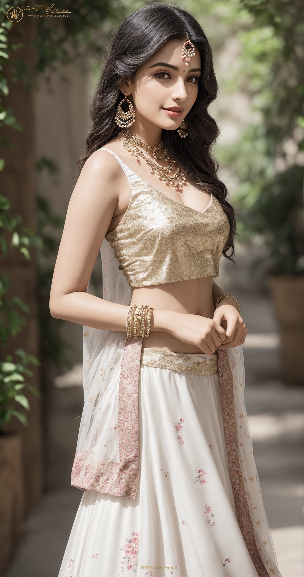 In a photorealistic masterpiece,19 years woman,  hot,  sexy,  indian,  model,  Instagram model,  influencer,  happy face, sharp jawline,  baby pink lips,  cute looking,  catty eyes,  best quality, full  body showing masterpiece with  Floral Print, Self Design Semi Stitched Lehenga Choli (White),  beautiful and aesthetic,  behold the essence of a South Indian beauty, adorned in a traditional  Floral Print, Self Design Semi Stitched Lehenga Choli (White) graced with a golden pearl strip, and flowing tresses. She standing as a mesmerizing vision of elegance and grace, embodying the timeless allure of tradition, The intricate details of her skin, captured in high resolution, reveal the gentle pores and flawless complexion, as if painted with the finest strokes of an artist's brush. The sunlight of the sunset time gently leaks through the edges, casting a soft glow on her figure, while the background fully clear creating a depth of field that accentuates her beauty, She standing near Indian fort, a harmonious fusion of cultures, embodying the spirit of global unity. Her alluring pose exudes seductive charm, while her absolute u shape sleeveless cleavage and full body jewellry add a touch of opulence and allure, mature girl, mature body, mature breast, big boobs, enlarge breast, mature buts, enlarge buts, hot u shapesleeveless cleavage, sexy cleavage,In this photorealistic shot, every thread of the Floral Print, Self Design Semi Stitched Lehenga Choli (White),  full body standing up in fort, and every strand of her long black hair are finely detailed, capturing the essence of her being with impeccable precision, This shot, captured on a Sony a7 IV with a 135mm f1.8 lens, stands as a testament to the fusion of modern technology and timeless tradition, a celebration of the harmonious blend of past and present, As she looks back at the viewer, her eyes speak of a thousand stories, drawing us into her world of elegance and allure. In her full-body view, she exudes an enchanting aura, with a random pose that reflects the spontaneity of life's beauty, This portrayal captures the emotional essence of Indian beauty adorned in the finest Floral Print, Self Design Semi Stitched Lehenga Choli (White),  Floral Print, Self Design Semi Stitched Lehenga Choli (White) Full length view,  Straight brown hair,  a beautiful indian girl,  Pale skin,  icy eyeshadow,  gold necklace,  breast size 55,  Weast size 45, butts size 70 femme fatale, showing full sexy body, wearing u shape neck sleeveless Blouse ,full body, indian,indian women,indian young women, pale white clear skin,beautiful women, ultra realistic,detailed face,full body, normal faces, vivid detail, bright sunshine on body, young mature, fellatio, hetero, perfect body, big breast, big ass, puffy nipples, where the richness of culture meets the marvels of technology, resulting in a work of art that touches the heart and soul,full body, shapely body, hot body, big breast, milkey boobs, big buts, looks beautiful in  Floral Print, Self Design Semi Stitched Lehenga Choli (White) , sexy side view:)