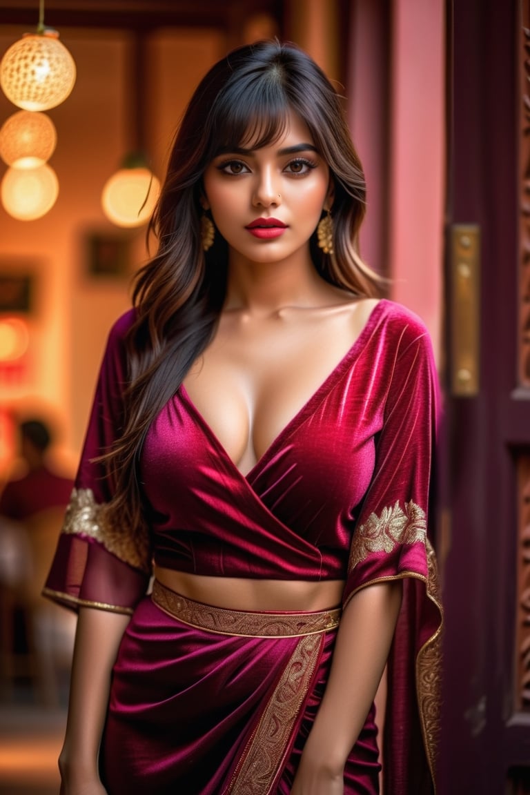 23 years woman,  hot,  sexy,  indian,  model,  Instagram model,  influencer,  haply face,  sharp jawline,  baby pink lips,  cute looking,  catty eyes,  red velvet dress,  best quality,  masterpiece,  beautiful and aesthetic,  16K,  (HDR:1.4),  high contrast,  bokeh:1.2,  lens flare,  (vibrant color:1.4),  (muted colors,  dim colors,  soothing tones:0),  black eyes,  Exquisite details and textures,  cinematic shot,  Warm tone,  (Bright and intense:1.2),  wide shot,  by playai,  ultra realistic illustration,  siena natural ratio,  realistic style,  shirt and short skirt,  Full length view,  Straight brown hair with blunt bangs,  brown	a Sheer Sarong Wrap,  wavy plastic clothes,  a beautiful indian girl,  Pale skin,  icy eyeshadow,  gold necklace,  breast size 35,  Weast size 30, butts size 35 femme fatale,