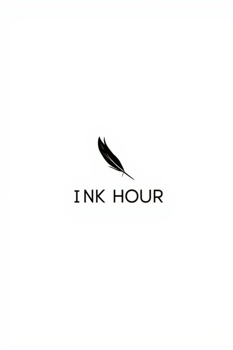 A minimalist vector illustration of a black feather-like pen writing I N K H O U R on a plain white background. The pen's feather tip is stylized with bold lines and crisp edges, while the text I N K H O U R is in a clean, sans-serif font. The composition is centered, with even lighting, creating a visually striking combination of black and white.