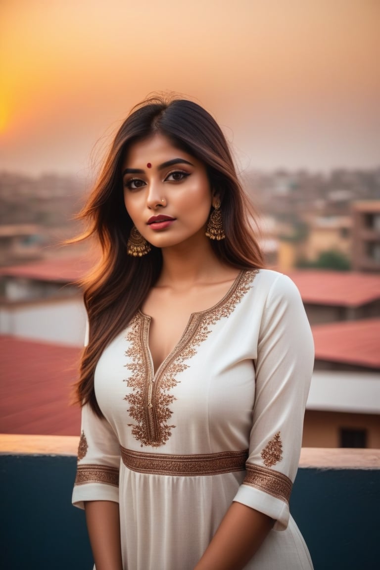 22 year woman,  hot,  sexy,  indian,  model,  Instagram model,  influencer,  model face,  sharp jawline,  perfect lips,  cute looking,  catty eyes,  best quality,  masterpiece,  beautiful and aesthetic,  16K,  (HDR:1.4),  high contrast,  bokeh:1.2,  lens flare,  (vibrant color:1.4),  ,  black eyes,  Exquisite details and textures,  cinematic shot,  Warm tone,  (Bright and intense:1.2),  wide shot, ultra realistic illustration,  siena natural ratio,  realistic style, Full length view,  Straight brown hair with blunt bang, vibrant colour kurti, standing at rooftop view, modern apartments in background, , a beautiful indian girl,  (white skin), white skin tone,  icy eyeshadow, breast size 35,  Weast size 30, butts size 35 femme fatale,