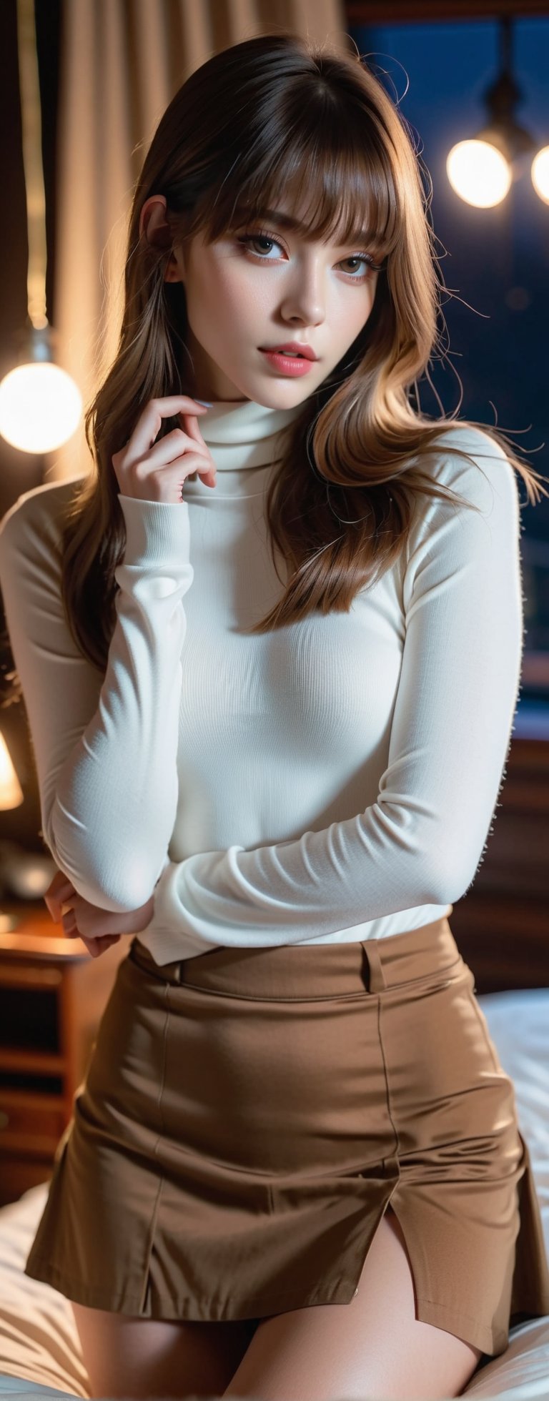 Reflected light, movie lighting, (eroticism: 1.3), 1 person, female, 20 years old, mysterious beautiful girl, delicate features, light brown hair, straight long hair, hanging hairstyle, (parting, bangs: 1.45), dynamic pose, (white turtleneck short top, bodycon cargo miniskirt), long boots, full moon night, bedroom, soft focus, excessive overexposure,
Airy Photo, Artstation Trend, (Full Body Portrait, Full Body Esbian),