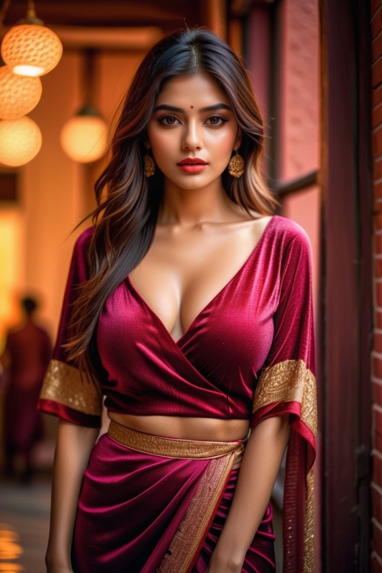 23 years woman,  hot,  sexy,  indian,  model,  Instagram model,  influencer,  haply face,  sharp jawline,  baby pink lips,  cute looking,  catty eyes,  red velvet dress,  best quality,  masterpiece,  beautiful and aesthetic,  16K,  (HDR:1.4),  high contrast,  bokeh:1.2,  lens flare,  (vibrant color:1.4),  (muted colors,  dim colors,  soothing tones:0),  black eyes,  Exquisite details and textures,  cinematic shot,  Warm tone,  (Bright and intense:1.2),  wide shot,  by playai,  ultra realistic illustration,  siena natural ratio,  realistic style,  shirt and short skirt,  Full length view,  Straight brown hair with blunt bangs,  brown	a Sheer Sarong Wrap,  wavy plastic clothes,  a beautiful indian girl,  Pale skin,  icy eyeshadow,  gold necklace,  breast size 35,  Weast size 30, butts size 35 femme fatale,