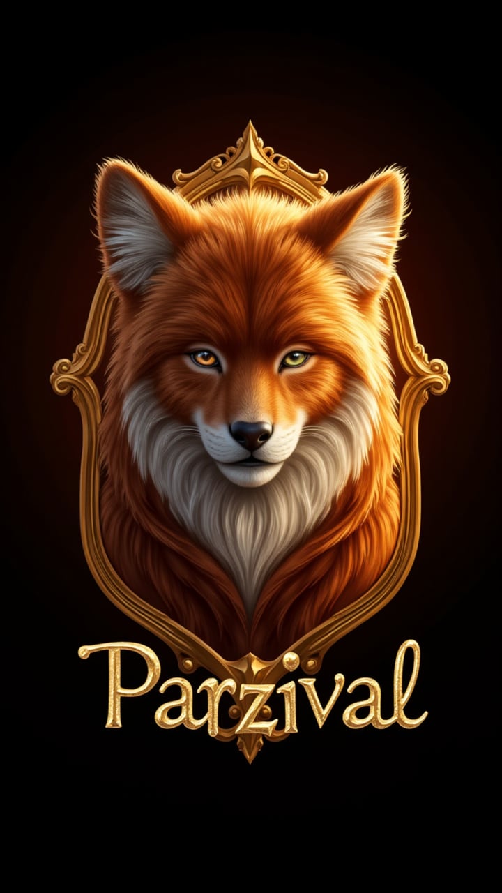 Capture the majesty of Azzeccaza's logo: a face of top player who's at the top centered within an elegant golden frame, radiating strength and powers. The player's sleek fur glistens in the warm light, as its piercing gaze commands attention. Boldly integrated below, the text 'Parzival' shines in a luxurious font, contrasting beautifully against the player's fiery coat. A symphony of gold, dark brown, and cream hues harmonize to evoke luxury, sophistication, and untamed power.