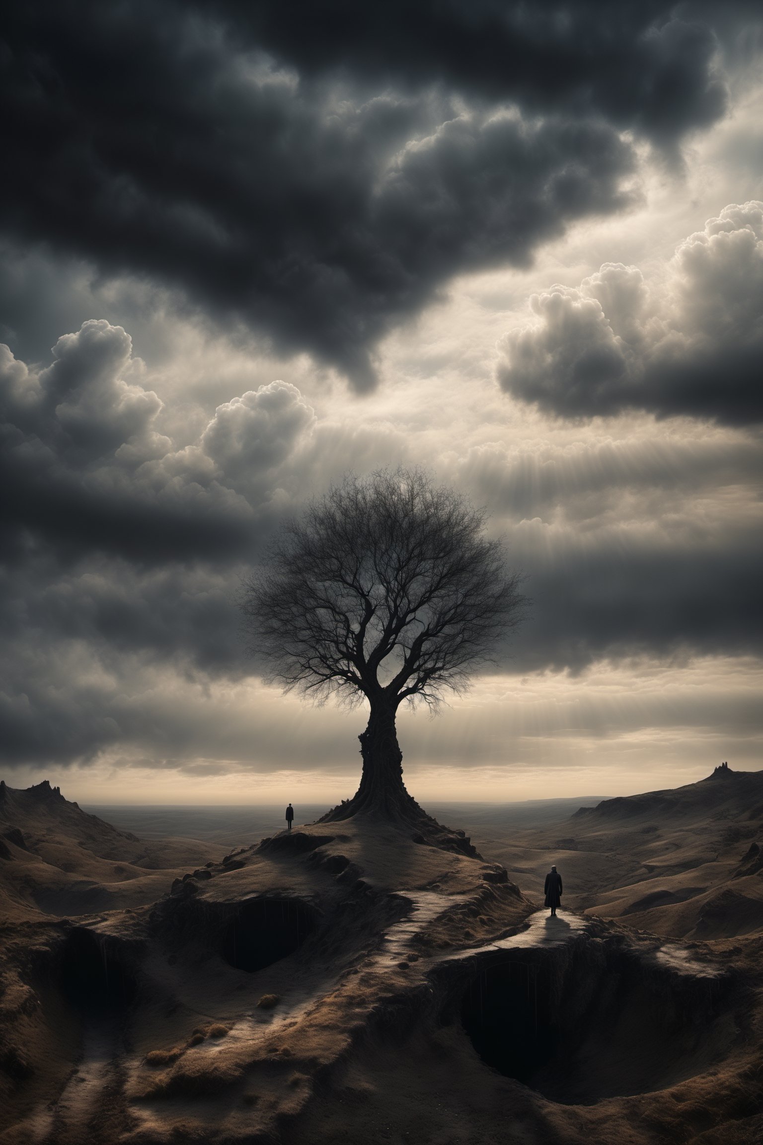 Best quality, Masterpiece, ultra-high resolution, (photograph realistic:1.4), surrealism, Dream-like, fusionart, Alone in the world, shadow magic, darkness control, stealth, shadowstep, umbral spells, dystopian landscape, loneliness, sorrow