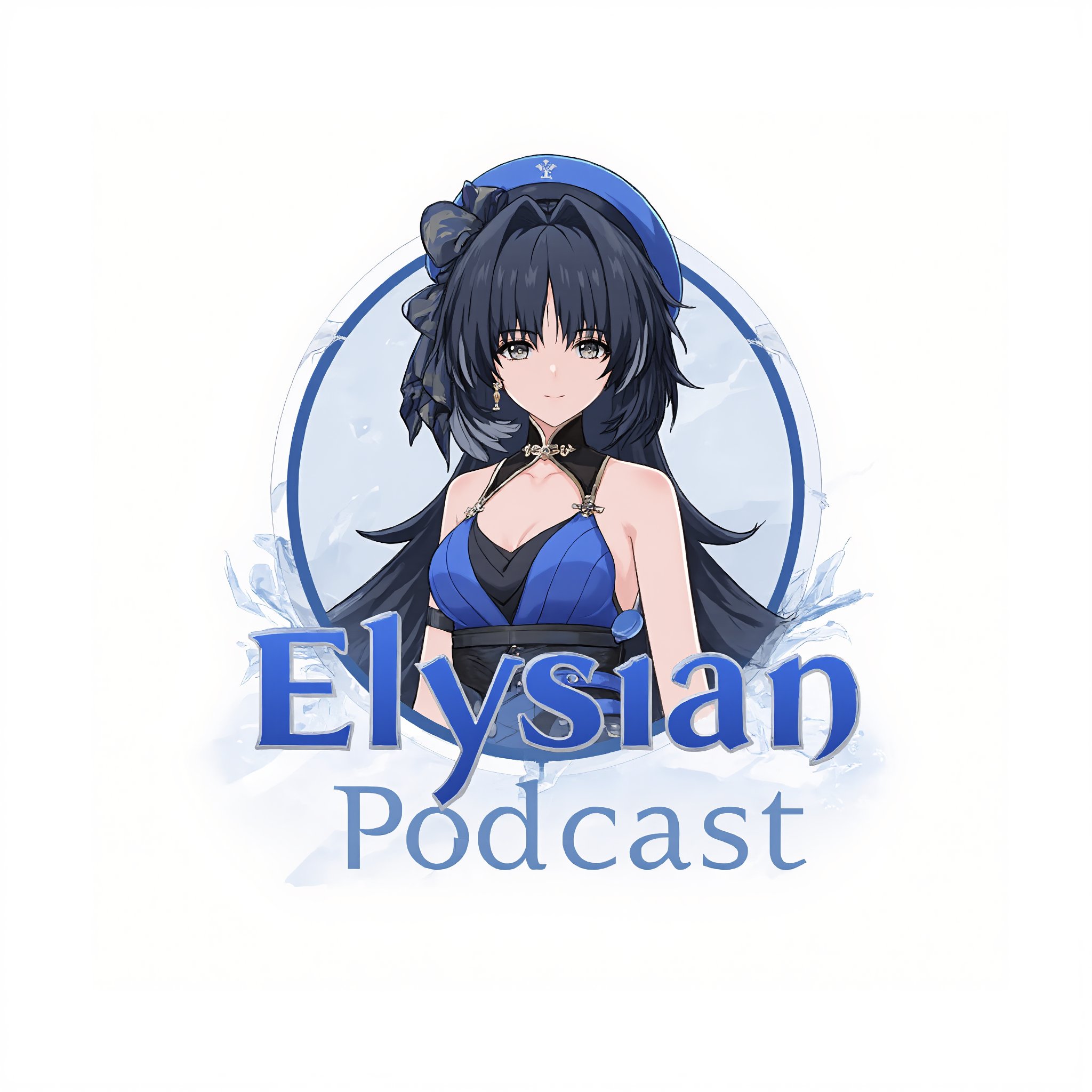 A stylized logo features a circular design with yyd, a young woman with long black hair and blue sleeveless dress prominently displayed at the center. The background is white, providing a sophisticated contrast to the blue on the text 'Elysian Podcast' component. A minimalist composition allows the logo's unique typography to take center stage.