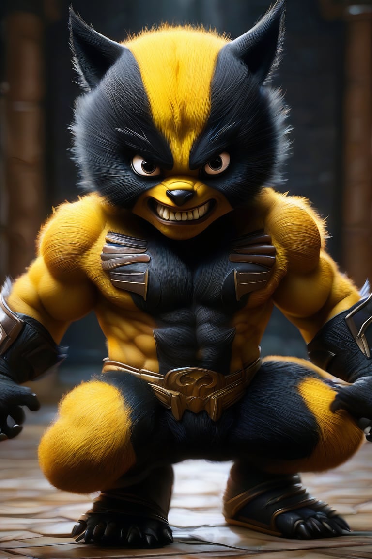 Ferocious infant in meticulously detailed Wolverine costume, adamantium claws extended, crouched in dynamic battle stance. Hyper-realistic rendering captures every fiber, showcasing lifelike textures. Dramatic lighting emphasizes muscular definition. Background hints at Xavier's School, merging innocence with mutant legacy. Intense determination in baby's eyes.