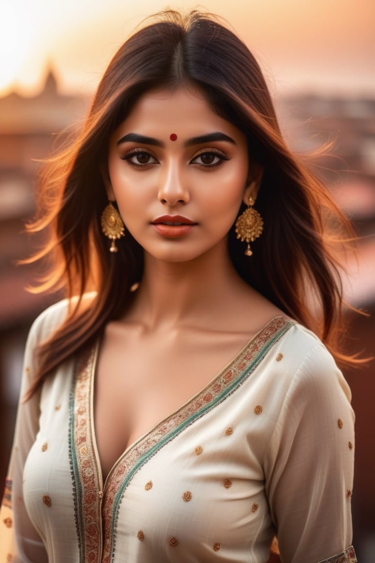 22 year woman,  hot,  sexy,  indian,  model,  Instagram model,  influencer,  model face,  sharp jawline,  perfect lips,  cute looking,  catty eyes,  best quality,  masterpiece,  beautiful and aesthetic,  16K,  (HDR:1.4),  high contrast,  bokeh:1.2,  lens flare,  (vibrant color:1.4),  ,  black eyes,  Exquisite details and textures,  cinematic shot,  Warm tone,  (Bright and intense:1.2),  wide shot, ultra realistic illustration,  siena natural ratio,  realistic style, Full length view,  Straight brown hair with blunt bang, vibrant colour kurti, rooftop background, , a beautiful indian girl,  white skin tone,  icy eyeshadow, breast size 35,  Weast size 30, butts size 35 femme fatale,