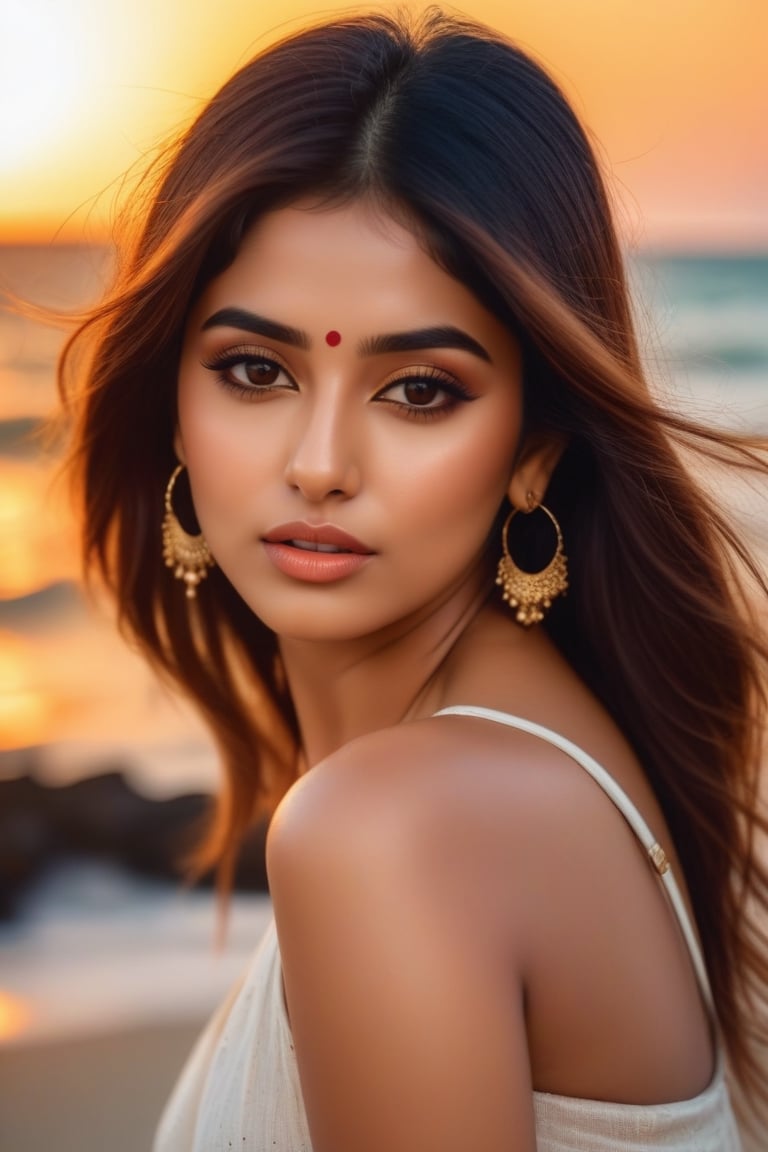 22 year woman,  hot,  sexy,  indian,  model,  Instagram model,  influencer,  model face,  sharp jawline,  perfect lips,  cute looking,  catty eyes,  best quality,  masterpiece,  beautiful and aesthetic,  16K,  (HDR:1.4),  high contrast,  bokeh:1.2,  lens flare,  (vibrant color:1.4),  ,  black eyes,  Exquisite details and textures,  cinematic shot,  Warm tone,  (Bright and intense:1.2),  wide shot, ultra realistic illustration, ,  realistic style, Full length view, top to bottom view,  Straight brown hair with blunt bang, (no clothes), squatting alone at beach view, ocean and sunset in background, , a beautiful indian girl,  (white skin), white skin tone,  icy eyeshadow, breast size 35,  Weast size 30, butts size 35 femme fatale,