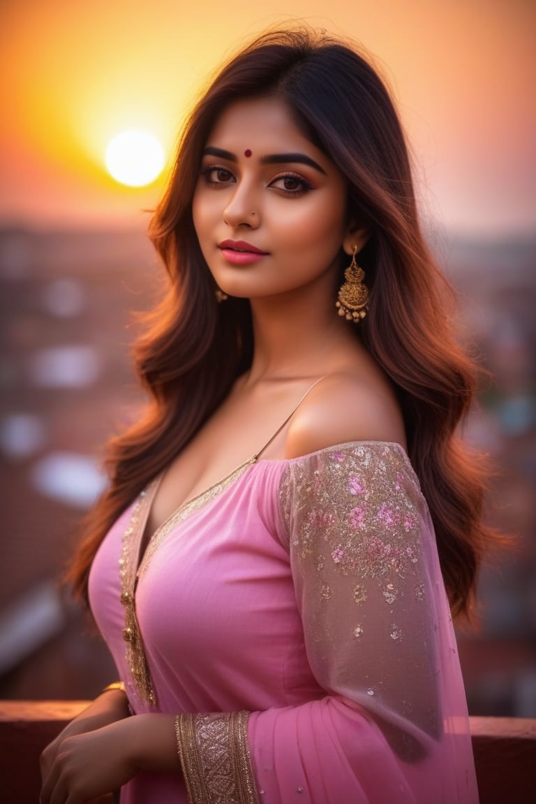 18 years woman,  hot,  sexy,  indian,  model,  Instagram model,  influencer,  happy face,  sharp jawline,  baby pink lips,  cute looking,  catty eyes,  best quality,  masterpiece,  beautiful and aesthetic,  16K,  (HDR:1.4),  high contrast,  bokeh:1.2,  lens flare,  (vibrant color:1.4),  (muted colors,  dim colors,  soothing tones:0),  black eyes,  Exquisite details and textures,  cinematic shot,  Warm tone,  (Bright and intense:1.2),  wide shot, ultra realistic illustration,  siena natural ratio,  realistic style, Full length view,  Straight brown hair with blunt bang, vibrant colour kurti, rooftop background, sunset view, , a beautiful indian girl,  Fair skin,  icy eyeshadow, breast size 35,  Weast size 30, butts size 35 femme fatale,