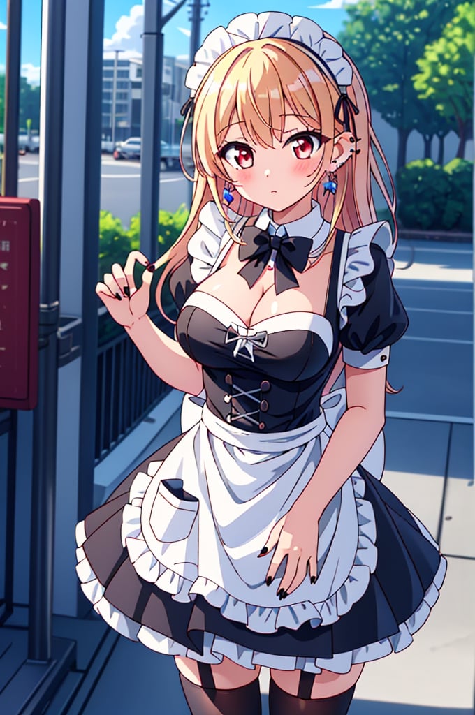 1girl, solo, long hair, breasts, looking at viewer, blush, bangs, blonde hair, large breasts, red eyes, thighhighs, dress, bow, cleavage, jewelry, closed mouth, standing, short sleeves, thighs, multicolored hair, earrings, outdoors, frills, alternate costume, puffy sleeves, bowtie, nail polish, apron, black dress, white thighhighs, puffy short sleeves, zettai ryouiki, maid, maid headdress, black bow, swept bangs, garter straps, piercing, cat, frilled dress, ground vehicle, ear piercing, black nails, waist apron, white apron, maid apron, frilled apron, black bowtie, enmaided, industrial piercing, kitagawa marin