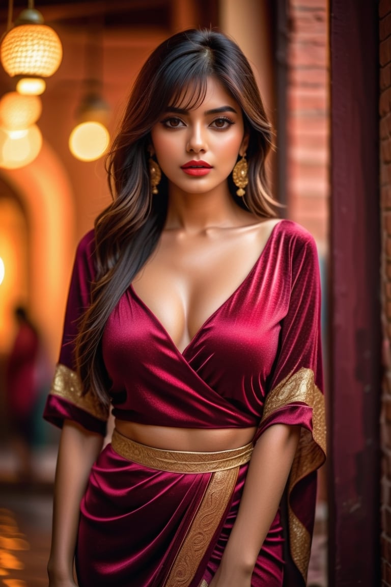 23 years woman,  hot,  sexy,  indian,  model,  Instagram model,  influencer,  haply face,  sharp jawline,  baby pink lips,  cute looking,  catty eyes,  red velvet dress,  best quality,  masterpiece,  beautiful and aesthetic,  16K,  (HDR:1.4),  high contrast,  bokeh:1.2,  lens flare,  (vibrant color:1.4),  (muted colors,  dim colors,  soothing tones:0),  black eyes,  Exquisite details and textures,  cinematic shot,  Warm tone,  (Bright and intense:1.2),  wide shot,  by playai,  ultra realistic illustration,  siena natural ratio,  realistic style,  shirt and short skirt,  Full length view,  Straight brown hair with blunt bangs,  brown	a Sheer Sarong Wrap,  wavy plastic clothes,  a beautiful indian girl,  Pale skin,  icy eyeshadow,  gold necklace,  breast size 35,  Weast size 30, butts size 35 femme fatale,