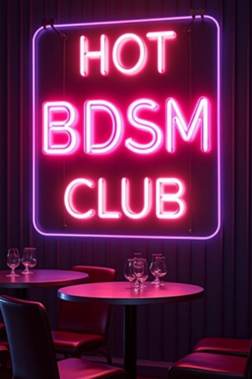 An advertising sign for a strip club with neon letters,  with pink an purple color, 50s  legs The sign says"Hot BDSM Club" 