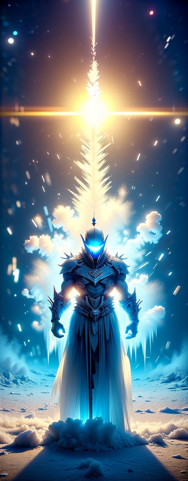 Ice theme, 1man, solo, very muscular body, blue starry eyes, long spiky hair, white hair, angry, powerful appearance, magical surrealism, thick double layer armored blue metal golden robe, warframe, astral chain, ice_wings, standing on icy lake, Gorgeous, ethereal aura, ray tracing, sidelighting, detailed face, bright skin, dreamlike atmosphere, starry nebula background, Sharp glossy focus, equirectangular 360, Highres 8k, extreme detailed, aesthetic, masterpiece, best quality, rich texture, kinetic move effect, colorful,Movie Still,r1ge,IceElementCh,ice_sculpture,ic34rmor,DonMGl4c14l,DonMSn0wM4g1c