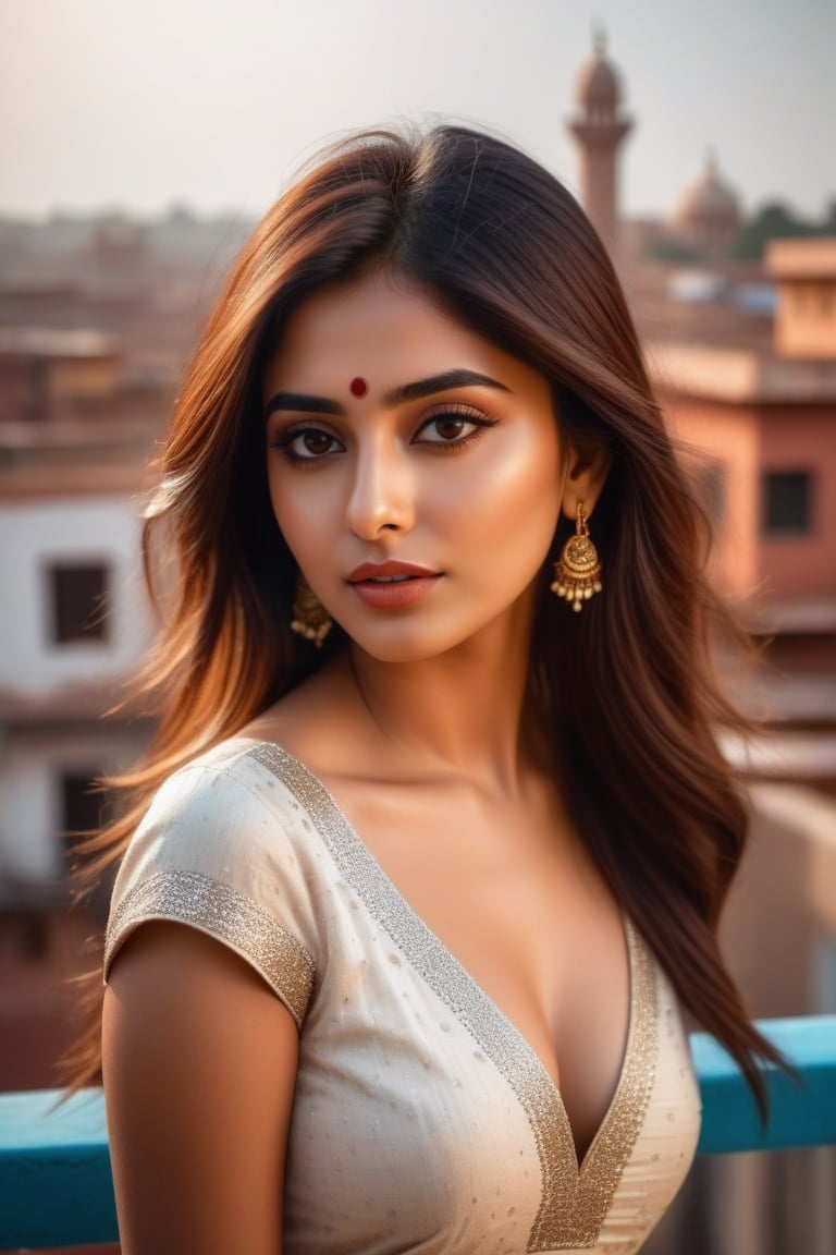 22 year woman,  hot,  sexy,  indian,  model,  Instagram model,  influencer,  model face,  sharp jawline,  perfect lips,  cute looking,  catty eyes,  best quality,  masterpiece,  beautiful and aesthetic,  16K,  (HDR:1.4),  high contrast,  bokeh:1.2,  lens flare,  (vibrant color:1.4),  ,  black eyes,  Exquisite details and textures,  cinematic shot,  Warm tone,  (Bright and intense:1.2),  wide shot, ultra realistic illustration,  siena natural ratio,  realistic style, Full length view,  Straight brown hair with blunt bang, vibrant colour kurti, rooftop modern apartment in background, , a beautiful indian girl,  white skin tone,  icy eyeshadow, breast size 35,  Weast size 30, butts size 35 femme fatale,