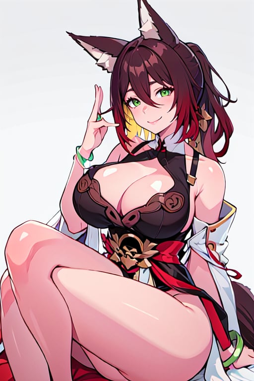 tingyun_fox tail_animal ears_ponytail_brown hair, 1girl, solo, breasts, looking at viewer, smile, bangs, large breasts, brown hair, black hair, dress, animal ears, cleavage, hair between eyes, bare shoulders, jewelry, sitting, closed mouth, green eyes, tail, ponytail, thighs, red hair, multicolored hair, barefoot, indoors, black dress, bracelet, fox ears, bare legs, gradient hair, fox tail, east asian architecture