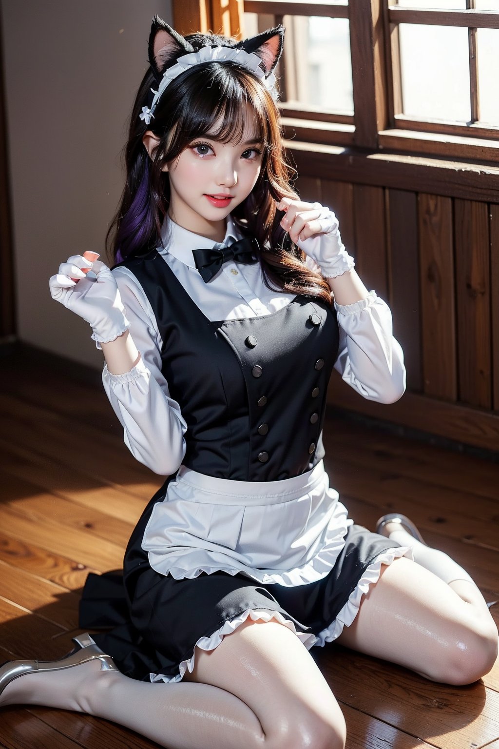 1girl, most beautiful korean girl, Korean beauty model, stunningly beautiful girl, gorgeous girl, 20yo, over sized eyes, big eyes, smiling, looking at viewer, animal_ears, solo, purple_eyes, long_hair, animal_hands, cat_ears, sitting, gloves, fake_animal_ears, watch, open_mouth, maid, purple_hair, paw_gloves, looking_at_viewer, wariza, wooden_floor, white_gloves, paw_pose, frills, bow, apron, white_pantyhose, maid_headdress, pantyhose, pocket_watch, long_sleeves, fang, red_bow, dress