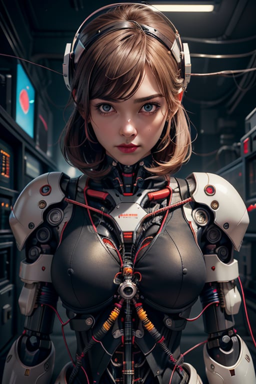 (((Perfect Face)))((Full shot)), (((masterpiece))), (((best quality))), ((ultra-detailed)), (highly detailed CG illustration), ((an extremely delicate and beautiful)), cinematic volumetric light,((1mechanical girl)),solo,((hanging by wires and tubes)), (machine made joints:1.2),((machanical limbs)),(blood vessels connected to tubes),(mechanical vertebra attaching to back),((mechanical cervial attaching to neck)), expressionless, (wires and cables attaching to neck:1.2),(wires and cables on head:1.2),(character focus),science fiction, extreme detailed, colorful,cyberpunk robot,perfecteyes,mecha,black girl