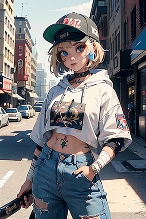 cute girl, street bad girl, masterpiece, best quality, movie still, extremely detailed, HD, 8k, 1girl, dust particles, volumetric lighting, ((heterochromia, tatoo dragon)), blonde, oblique bob hairstyle, power pose, ((bandages, snapback hat, oversize wide pants, hoody, baseball bat)), dark dress,