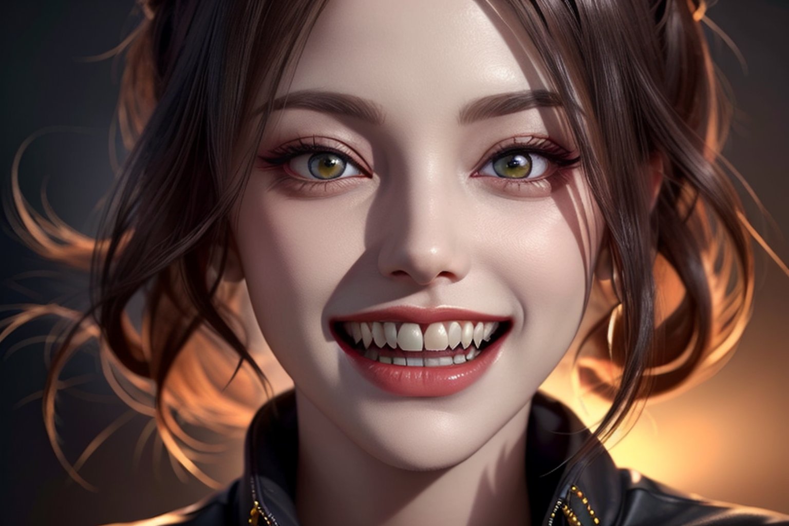 ultra realistic grin psycho 2 women with sharp vampire teeth, unreal engine 5,  hyper realistic, full face